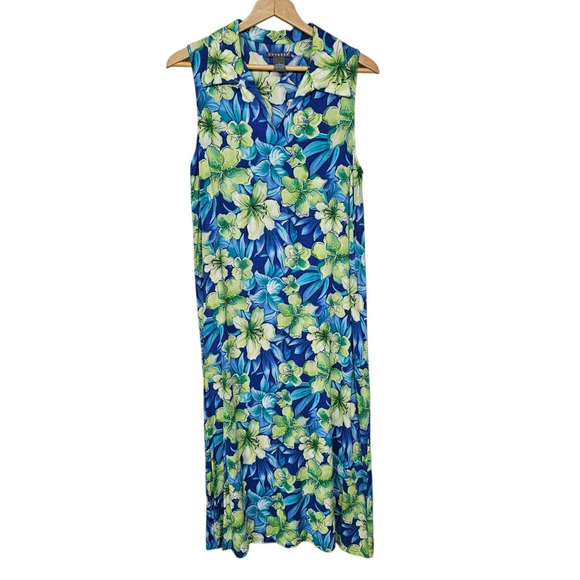 Cypress Womens Sleeveless Maxi Shift Dress Sz L Tropical Floral V Neck Button - Picture 1 of 7